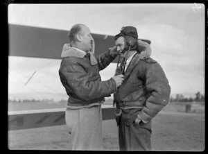 Mr L Findlay (left), and passenger, Palmerston North, Middle Districts Aero Club
