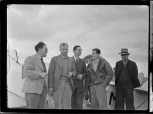 Waikato Air Pageant, from left are A D Burke and N King from New Plymouth, J C Hannon, A Scott and W Boggis from the Waikato