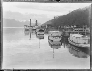 Steamer and moored boats, Queenstown, Central Otago