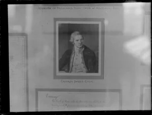 Copy of engraved portrait of Captain James Cook, including a sample of his handwriting [from museum display, Dunedin?]