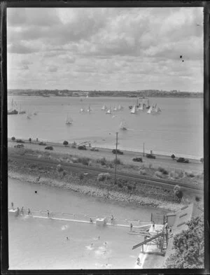 Looking across the Parnell Baths to yachts on the harbour, Auckland