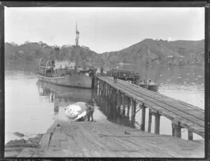 Whangamumu whaling station, showing a man handling a whale, the boat and jetty