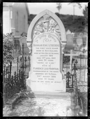 Gravestone of Hannah King Letheridge, first white woman born in New Zealand, and her granddaughter, Florence Leah Mountain, Russell, Bay of Islands