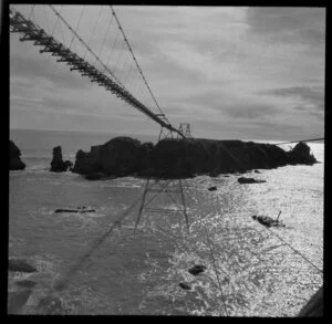 Aerial coal flume from mainland to Seal Island near the mouth of Fox River, Buller District