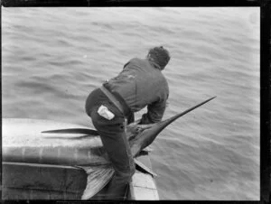 Sid Irving standing over a swordfish on the side of the boat