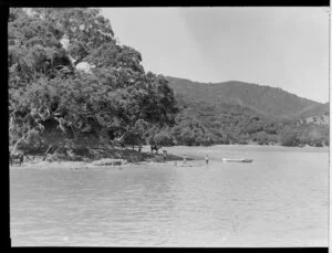 Horse and children with a milk container standing on a beach, Rawhiti District, Bay of Islands