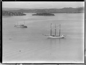 View of sailing ship and steamer, Bay of Islands