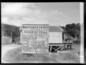 Scale of tolls for Whitianga ferry, Mercury Bay