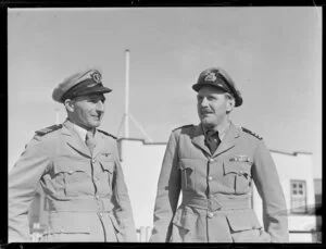 D G Keesing (left) and Captain H J Rose on flying boat RMA Auckland at Mechanics Bay, Auckland