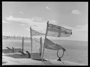 TEA flags on the RMA Auckland flying boat at Mechanics Bay