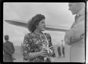 Unidentified woman in conversation, ATC [Air Training Corps] at Mangere