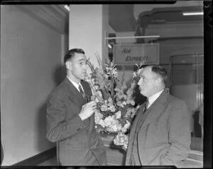 Mr Q Campbell of Pan American Airways (left) and and Mr G Roberts, of TEAL at the Pan American cocktail party