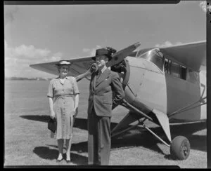 Mr and Mrs H T Morton by Rearwin Sportster aeroplane ZK-AIP