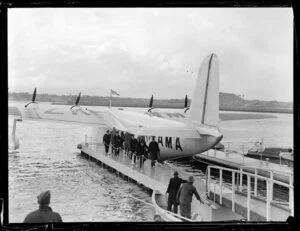 Crew disembarking from aircraft, Mechanics Bay, Auckland