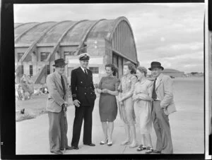 Mr D Gale, NAC pilot, Mr R F Lander, Qantas, Mrs Gale, Mrs Moore and Mr and Mrs Cullinane (left to right) at Ohakea