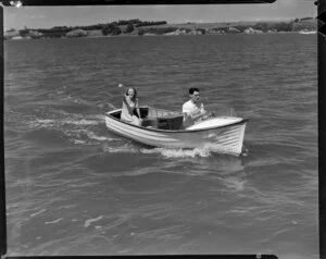 Ormrod, Jones, Price and Company speedboat with unidentified couple on board
