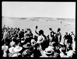 Michael Joseph Savage and others, welcome the arrival of the seaplane, Centaurus, Imperial Airways Ltd.