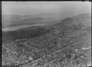 Wellington city, looking toward Lyall Bay, showing Courtenay Place area and Mount Victoria