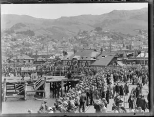 Crowd at the Diamond Harbour wharf, Lyttelton Harbour