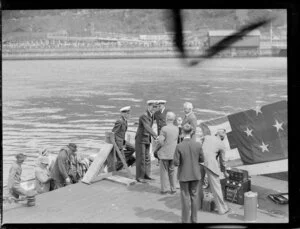 Captain and crew of the flying boat, Centaurus, being welcomed to Wellington