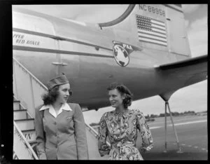Elaine Kuss (Air hostess) and Joyce Hastead boarding Pan American World Airways (PAWA), Clipper Red Rover.