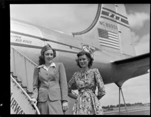 Elaine Kuss (Air hostess) and Mrs Joyce Halstead boarding Pan American World Airways (PAWA), Clipper Red Rover