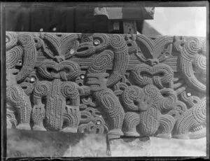 Section of a Māori carved pātaka panel, Whakarewarewa, Rotorua