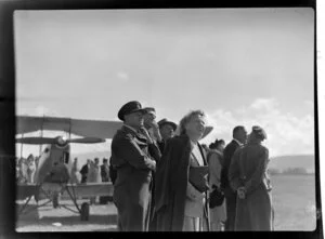 The official party including Group Captain W C Sheen on the left, the Governor General Sir Bernard Freyberg second from right, at the Royal New Zealand Aero Club pageant in Dunedin