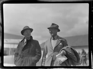 Judges P C Lewis (left) and Ross Curtis at the Royal New Zealand Aero Club pageant in Dunedin