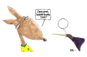 Bubble buddy - a kangaroo asks a kiwi bird, who is thinking, if it is "..bubble time?"