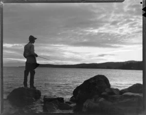 Unidentified man fishing at Lake Taupo