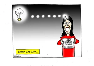 Bright-line test- Jacinda Ardern has a lightbulb moment as she holds up a newspaper headline "Govt housing package"