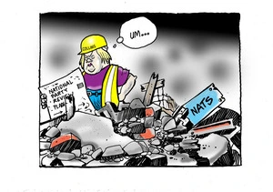 Judith Collins wearing a hard hat and high-vis vest reading the "National Party review plan" as she stands in a pile of ruined rubble labelled "Nats"