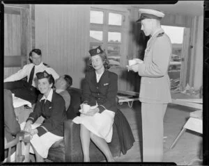 Air crews, Trans Australia Airlines, Miss Shirley Marks and Miss Noreen Uniacke, stewardesses, and Tasman Empire Airlines Ltd, Mr I W Russell, Whenuapai Aerodrome, Auckland
