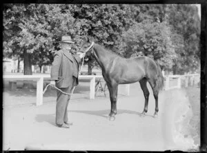 Mr Messenger with his 300 gs Yearling, Alexandra Park, Auckland