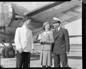 Tasman Empire Airlines Ltd, steward, Mr Steve Harbert, and Pan American World Airlines, purser, Mr Pete Atkins, and hostess, Miss Pat Collins