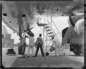 Trans Australia Airlines, loading luggage onto the Douglas DC-4, Thomas Mitchell