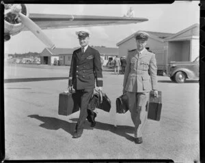 Captain H Cast, Trans Australia Airlines (left) and R/N P H A Douglas, Tasman Empire Airways Ltd, Whenuapai Aerodrome, Auckland