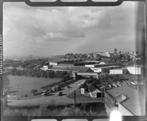 Railway yards and Parnell from Anzac Avenue, Auckland