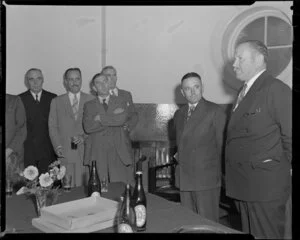 Unidentified people at a cocktail party [Chamber of Commerce] given for the crew of Atlas Sky Merchant