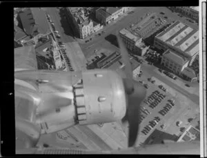 Auckland city, view from Handley Page Hastings airplane, including wing-mounted engine