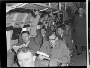 Passengers, including readers Mr Foss Shanahan, left, and Sir Leonard Isitt, aboard Handley Page Hastings airplane