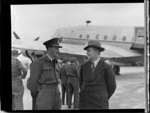 Group Captain Hunter, with Doug Patterson from New Zealand National Airways Corporation, Royal New Zealand Air Force Station, Whenuapai, Waitakere City
