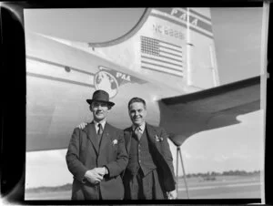 Mr Thomas Edwards and Mr Leslie Broun, passengers on the airplane Clipper, Kit Carson, Pan American World Airways aircraft