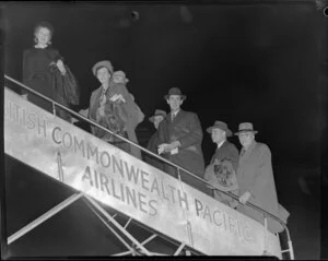 BCPA [British Commonwealth Pacific Airlines] inauguration, passengers embarking, Whenuapai