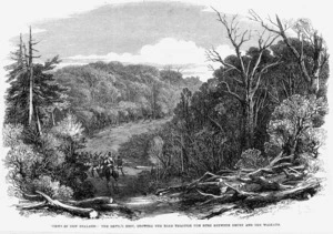 Illustrated London news :Views in New Zealand. The Devil's Nest, showing the road through the bush between Drury and Waikato. (London, 1863)