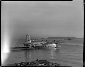 The airplane 'RMA Auckland' resuming its Tasman serivces, soon to depart from Auckland harbour, TEAL (Tasman Empire Airways Limited)