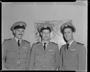 Inaugural pilots for BCPA [British Commonwealth Pacific Airlines], John William Kessey, Bruce N Dickson, and R A Probert, Whenuapai