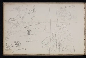 Hodgkins, William Mathew, 1833-1898 :[G G Russell's farm, a sundial, tree studies, Otago Harbour, April 1885]