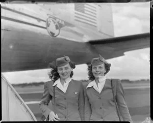 Pan American World Airways, stewardesses, Miss Patricia Meek (left) and Miss Beverly Steel